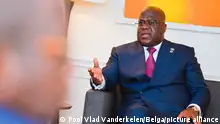 DRC Congo President Felix Tshisekedi pictured in action during a meeting at the residence of the Permanent Representative of Belgium during the 77th session of the United Nations General Assembly (UNGA 77), in New York City, United States of America, Thursday 22 September 2022. BELGA PHOTO POOL VLAD VANDERKELEN