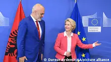 27.06.2023+++ BRUSSELS, BELGIUM - European Commission President Ursula Von Der Leyen (R) and Prime Minister of Albania Edi Rama (L) hold a meeting in Brussels, Belgium on June 27, 2023. Dursun Aydemir / Anadolu Agency
