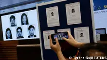 Images of five activists Simon Cheng, Frances Hui, Joey Siu, Johnny Fok, and Tony Choi are displayed during a press conference to issue arrest warrants in Hong Kong, China December 14, 2023. REUTERS/Tyrone Siu