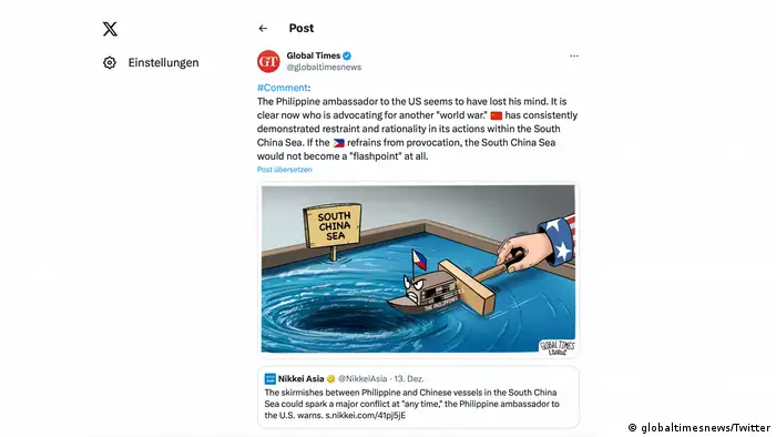 中国官媒《环球时报》在其英语版X账号上刊登了一幅漫画，称菲律宾驻美大使似乎失去理智，“现在很明显谁在鼓吹另一场‘世界大战’”