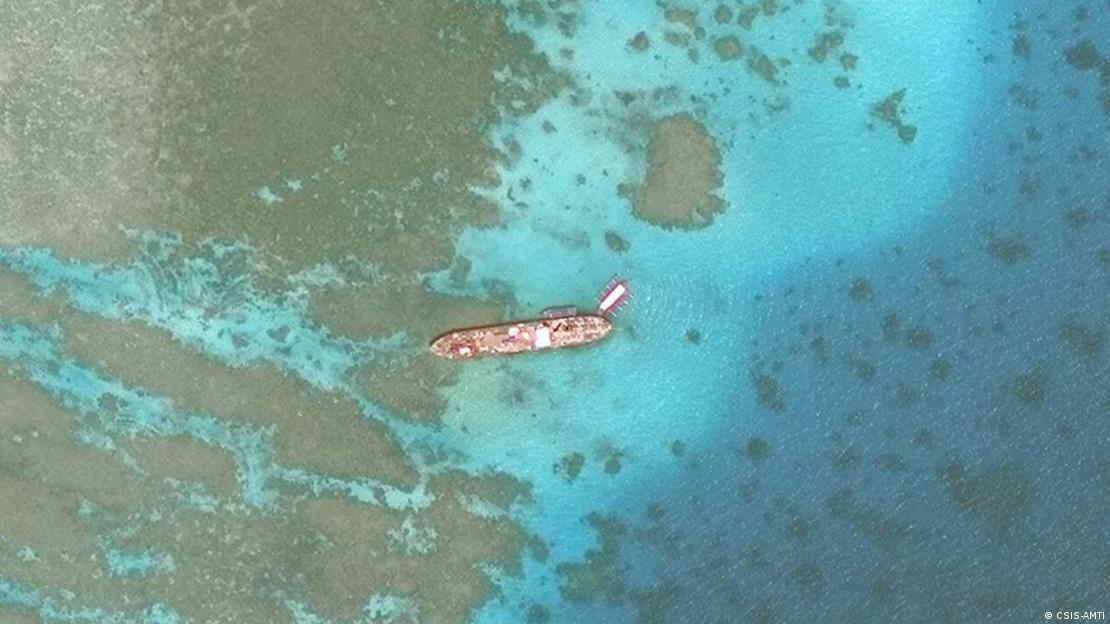 An aerial shot of a grouded ship on Second Thomas Shoal 