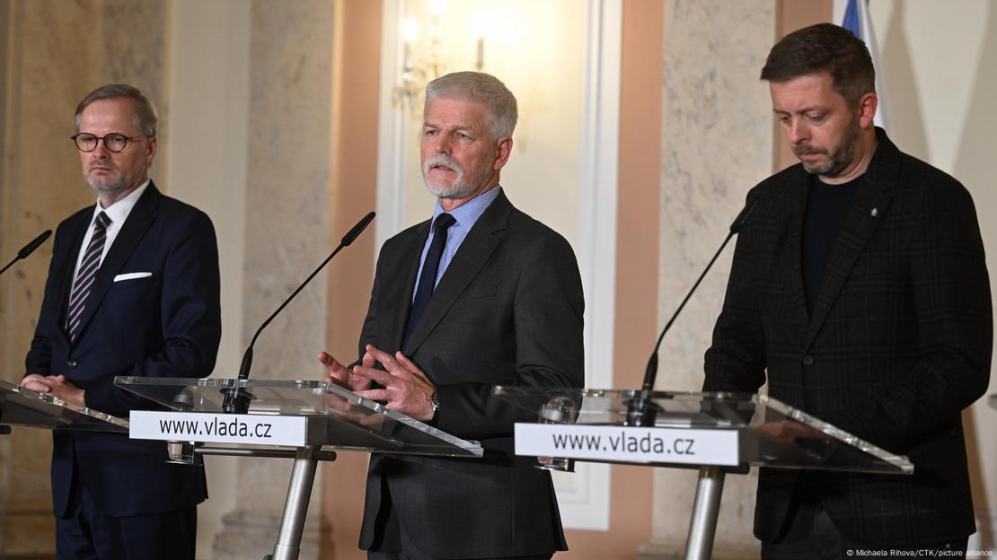 From left: PM Petr Fiala, President Petr Pavel and Interior Minister Vit Rakusan speak to the media after the shooting at Charles University, Prague, Czech Republic, December 21, 2023