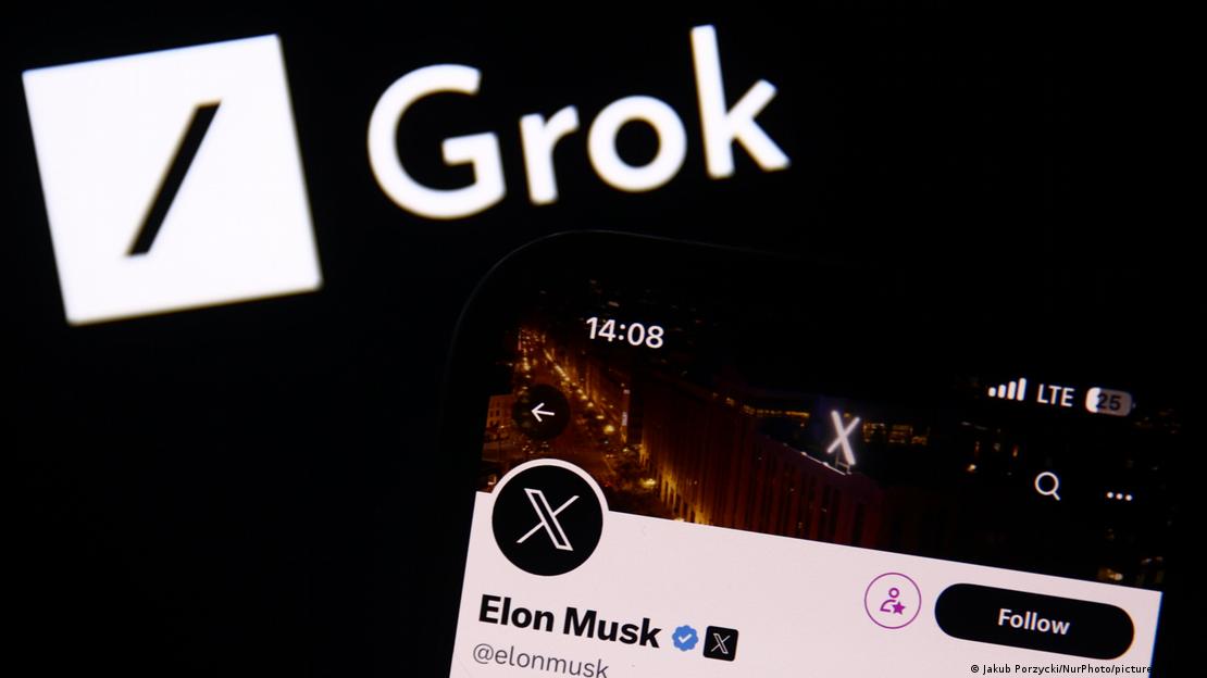 El logotipo de Grok y la cuenta X de Elon Musk.