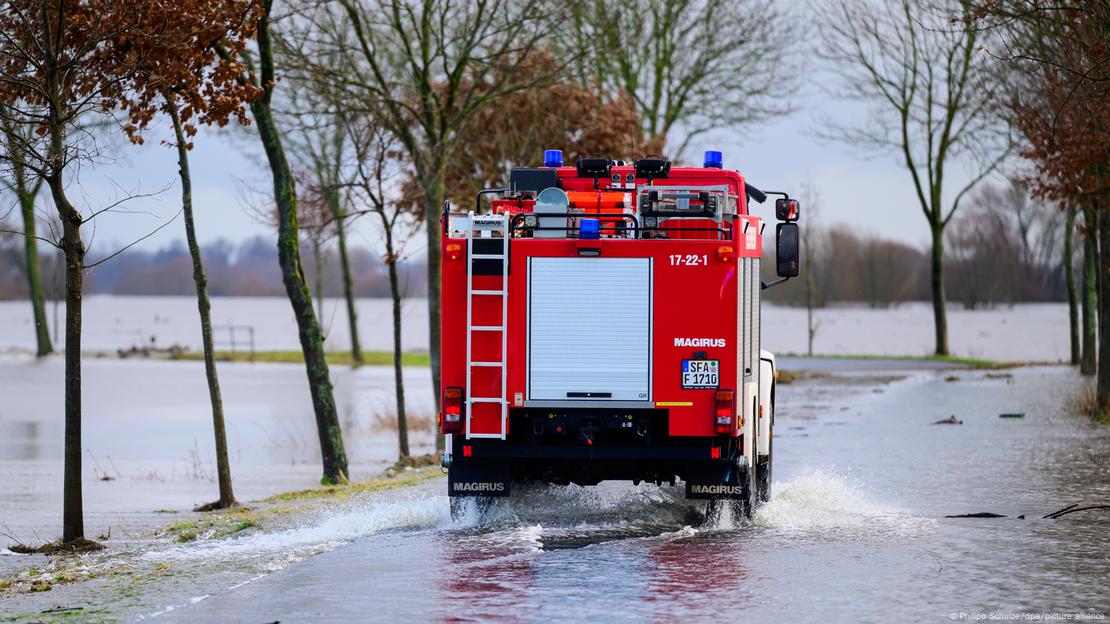 Firefighter truck in flooded area of Lower Saxony 