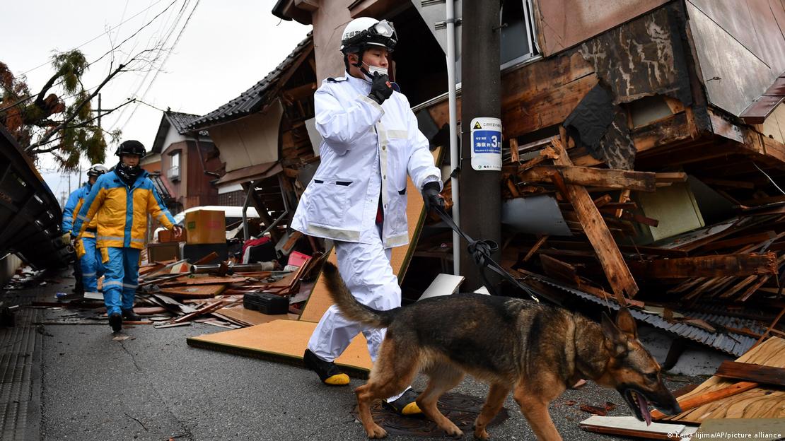 Agentes de policía con un perro de rescate realizan una búsqueda en la ciudad de Wajima. (03.01.2024)