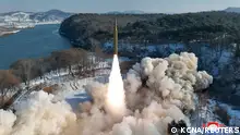 Ballistic missile, said to be solid-fuel and hypersonic, launches during a test at an unspecified location in North Korea in this picture released by the Korean Central News Agency on January 14, 2024. KCNA via REUTERS ATTENTION EDITORS - THIS IMAGE WAS PROVIDED BY A THIRD PARTY. REUTERS IS UNABLE TO INDEPENDENTLY VERIFY THIS IMAGE. NO THIRD PARTY SALES. SOUTH KOREA OUT. NO COMMERCIAL OR EDITORIAL SALES IN SOUTH KOREA.