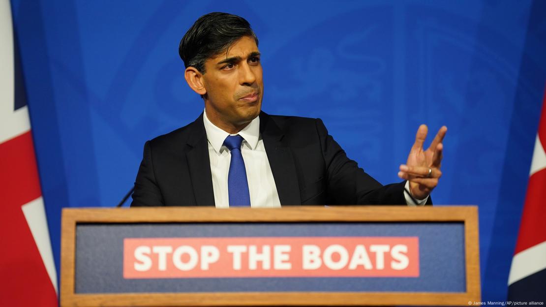 Britain's Prime Minister Rishi Sunak gives an update on the plan to "stop the boats" and illegal migration during a press conference in the Downing Street Briefing Room in London, Thursday Dec. 7, 2023. 