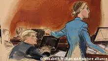 In this courtroom sketch, attorney Alina Habba points to her client, former President Donald Trump, as she delivers her closing arguments to the jury, Friday, Jan. 26, 2024, in New York. A jury has begun deliberating in the defamation trial against Trump, deciding if he owes writer E. Jean Carroll money after a jury last year concluded that he sexually abused her in 1996. (Elizabeth Williams via AP)