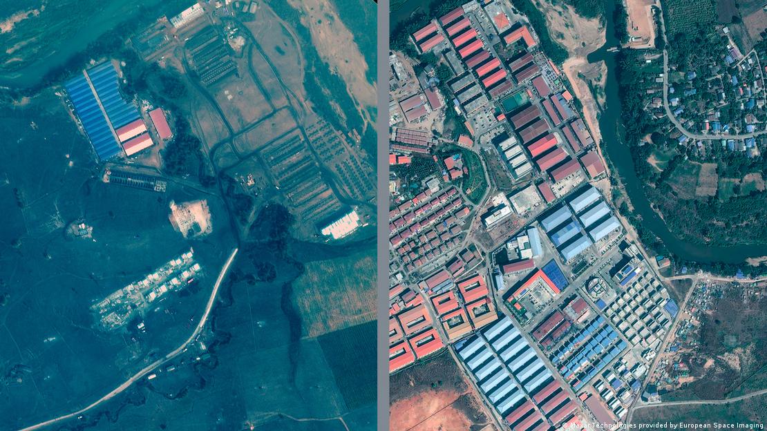Fotos de satélite da fábrica de golpes online KK Park, na fronteira Mianmar-Tailândia, em 2020 e 2024