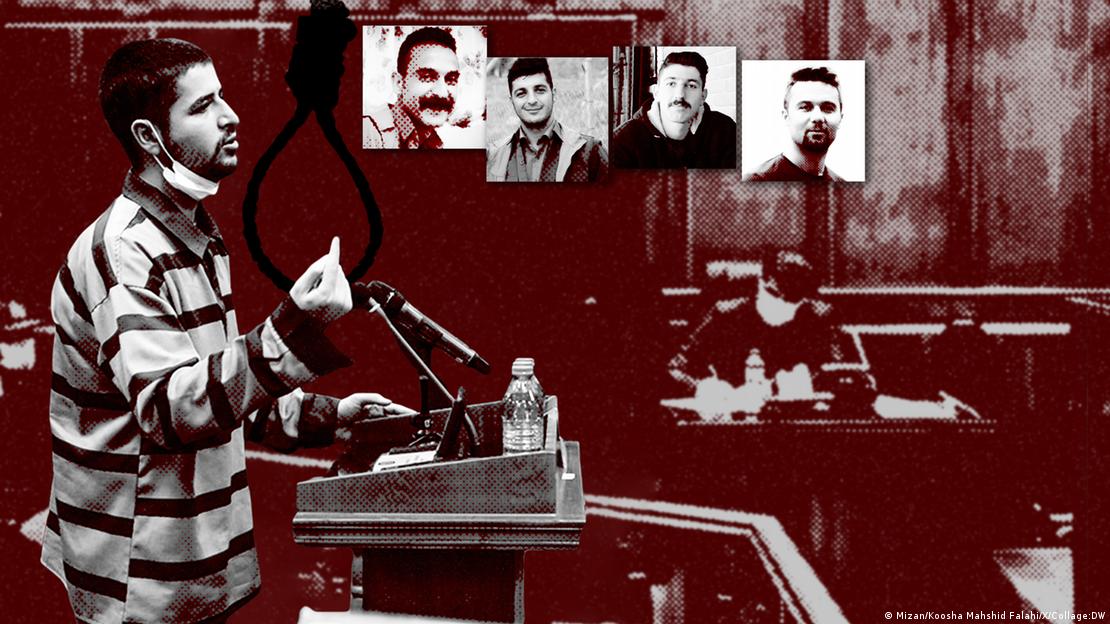 Colagem mostra Mohammad Ghobadlou, Wafa Azarbar, Mohammad Faramarzi, Mohsen Mazloum, Pajman Fatehi, executados no Irã ao longo de uma única semana.