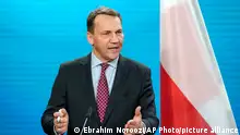 Poland Foreign Minister Radoslaw Sikorski, speaks during a joint press conference with his German counterpart Annalena Baerbock at the Foreign Ministry in Berlin, Tuesday, Jan. 30, 2024. (AP Photo/Ebrahim Noroozi)