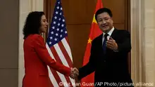U.S. Deputy Assistant to the President and Deputy Homeland Security Advisor Jen Daskal, left, shakes hands with Chinese Minister of Public Security Wang Xiaohong before a meeting at the Diaoyutai State Guesthouse in Beijing, Tuesday, Jan. 30, 2024. Daskal is leading an interagency U.S. delegation to Beijing to launch the U.S.-China Counternarcotics Working Group. (AP Photo/Ng Han Guan, Pool)