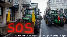 Tractors in the Rue de la Loi - Wetstraat at a protest action in the European district in Brussels, organized by several agriculture unions from Belgium but also other European countries on Thursday 01 February 2024. ABS (Algemeen Boerensyndicaat), FWA, FAJ take part in the farmers' protests across Europe as they demand better conditions to grow, produce and maintain a proper income.
BELGA PHOTO HATIM KAGHAT (Photo by HATIM KAGHAT / BELGA MAG / Belga via AFP) (Photo by HATIM KAGHAT/BELGA MAG/AFP via Getty Images)