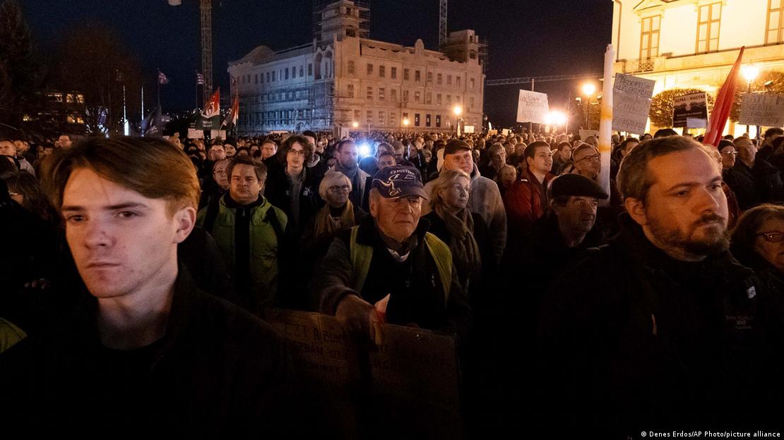 People attend a protest after Hungarian president Katalin Novák issued a pardon in a child sexual abuse case in Budapest, Hungary, Feb. 9, 2024. 