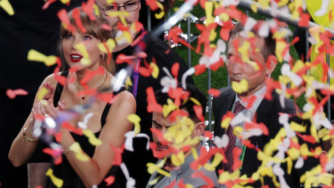 Recording artist Taylor Swift celebrates after Kansas City Chiefs win Super Bowl