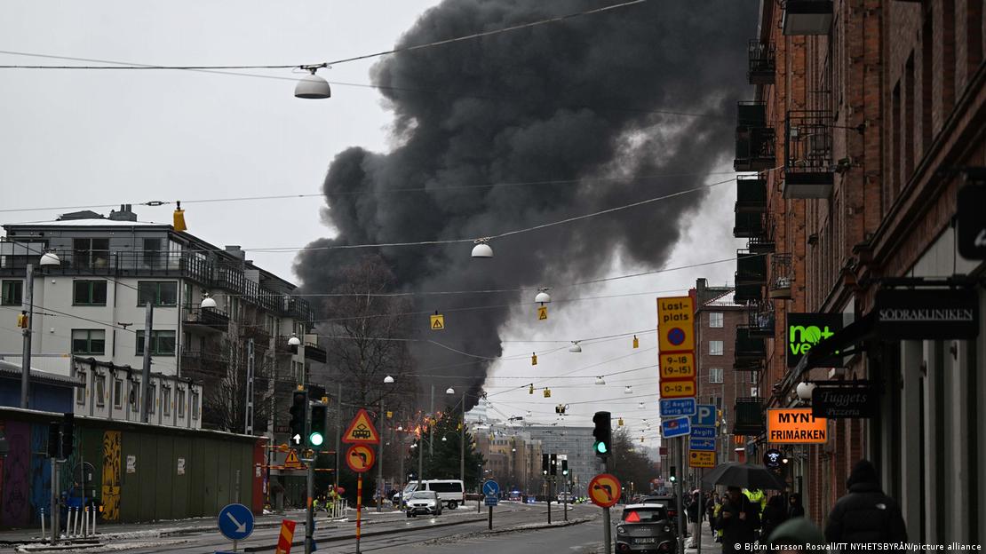 Smoke rises from a fire that has broken out in Liseberg amusement park's new water world Oceana