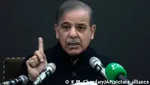 Pakistan's former Prime Minister Shehbaz Sharif speaks during a press conference regarding parliamentary elections, in Lahore, Pakistan, Tuesday, Feb. 13, 2024. Sharif, the main political rival of ex-Pakistani premier Imran Khan challenged him Tuesday to form a government if he had the support of the majority of the newly elected lawmakers in the parliament. (AP Photo/K.M. Chaudary)