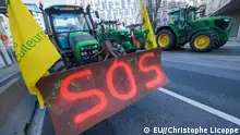 Belgien Bauern Proteste in Brüssel: Traktoren auf einer Straße, auf einer Räumschaufel steht SOS