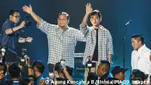 14.2.2024, Jakarta,, Indonesien, Prabowo Subianto L, center and his running mate Gibran Rakabuming Raka R, center greet supporters at a gathering declaring victory in Indonesia s presidential race in Jakarta, Indonesia, Feb. 14, 2024. Former general and three-time presidential candidate Prabowo Subianto declared victory in Indonesia s presidential election on Wednesday, calling it a victory for all Indonesians. INDONESIA-JAKARTA-PRESIDENTIAL ELECTION-PRABOWO SUBIANTO-VICTORY AgungxKuncahyaxB. PUBLICATIONxNOTxINxCHN
