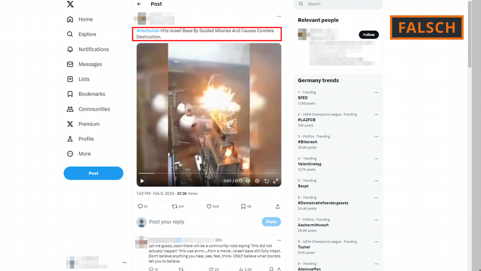 Image accompanying Seit einigen Tagen kursiert auf X, ehemals Twitter, ein Video von einer Explosion, die mehrere Posts als Werk der Hisbollah ausgeben: "#Hisbollah trifft israeli