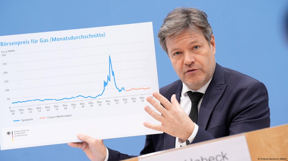 Wirtschaftsminister Robert Habeck zeigt ein Schild mit der Entwicklung der Gaspreise an der Börse bei der Vorstellung des Jahreswirtschaftsberichts 2024 in der Bundespressekonferenz.