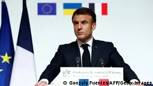 French President Emmanuel Macron speaks during a press conference at the end of the international conference aimed at strengthening Western support for Ukraine, at the Elysee presidential palace in Paris, on February 26, 2024. The meeting at the Elysee Palace will be a chance for participants to reaffirm their unity as well as their determination to defeat the war of aggression waged by Russia in Ukraine, the French presidency said. (Photo by GONZALO FUENTES / POOL / AFP) (Photo by GONZALO FUENTES/POOL/AFP via Getty Images)