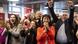 Union leaders and left-wing politicians cheering after the vote projection was announced Union leaders and left-wing politicians cheering after the vote projection was announced