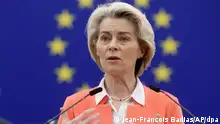 12.03.2024, Frankreich, Straßburg: Ursula von der Leyen, Präsidentin der Europäischen Kommission, hält eine Rede zur Vorbereitung der Tagung des Europäischen Rates vom 21. bis 22. März 2024. Foto: Jean-Francois Badias/AP/dpa +++ dpa-Bildfunk +++