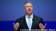 Romanian President Klaus Iohannis speaks at the EPP Congress in Bucharest, Romania, Thursday, March 7, 2024. Romania's President Klaus Iohannis announced Tuesday that he will officially enter the race to become the next leader of the NATO military alliance. (AP Photo/Andreea Alexandru)