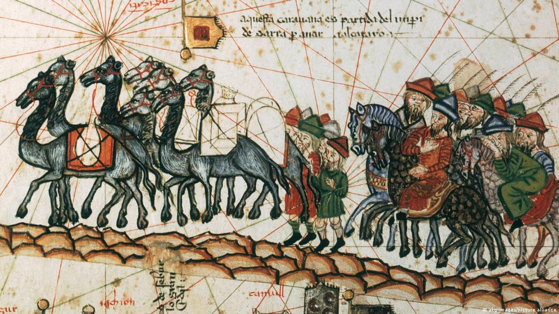 Pintura medieval con Marco Polo liderando una caravana por Persia. 