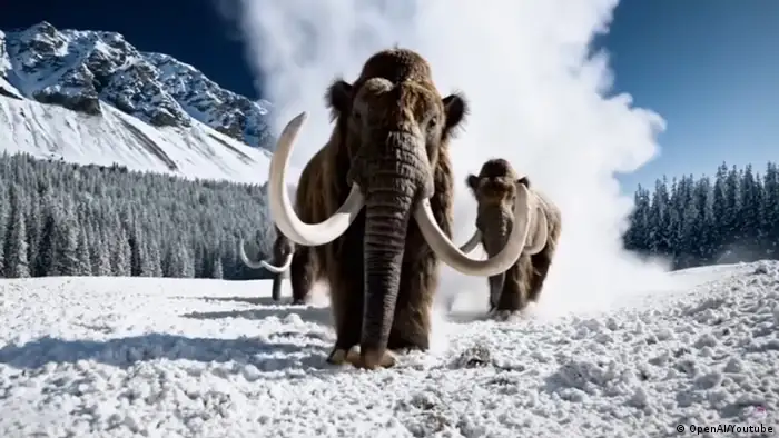 An AI image of three wooly mamoths walking across a snow-covered meadow.