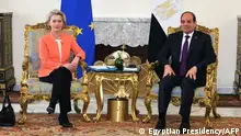 A handout picture released by the Egyptian Presidency's official Facebook page on March 17, 2024 shows Egyptian President Abdel Fattah al-Sisi (R) meeting with European Commission President Ursula von der Leyen in the capital Cairo. (Photo by Egyptian Presidency / AFP) / XGTY / === RESTRICTED TO EDITORIAL USE - MANDATORY CREDIT AFP PHOTO / HO / EGYPTIAN PRESIDENCY - NO MARKETING NO ADVERTISING CAMPAIGNS - DISTRIBUTED AS A SERVICE TO CLIENTS ===