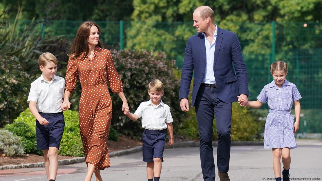 Catherine and William, seen here walking outside with their children George,left, Louis middle and Charlotte in 2022