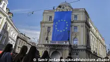 SARAJEVO, BOSNIA AND HERZEGOVINA - MARCH 21: A view of European Union (EU) flags being hung on the streets as negotiations between EU and Bosnia and Herzegovina on the country's EU membership start in Sarajevo, Bosnia and Herzegovina on March 21, 2024. Samir Jordamovic / Anadolu