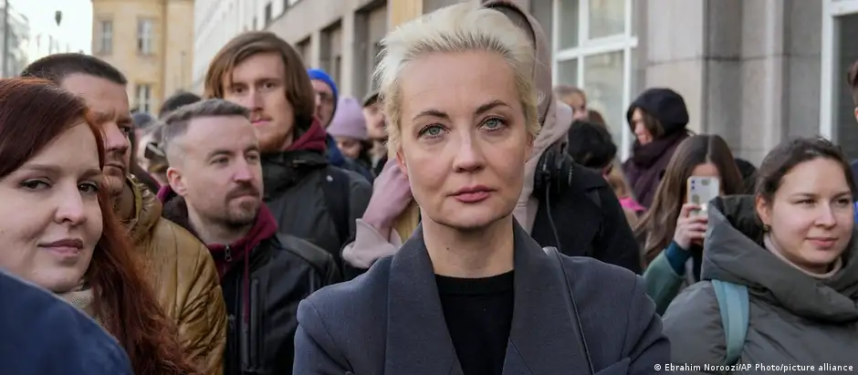 Yulia Navalnaya stands in a queue with other voters at a polling station near the Russian embassy in Berlin, after noon local time, on Sunday, March 17, 2024