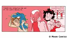 Ein Comic der Zeichnerin Alia Rodriguez; eine Person trocknet sich die Haare mit einem Handtuch und daneben zwei Personen, die sich in Badeoutfit unterhalten. In einem Text darüber steht auf Engliosch: Ich habe mich nie zu Mädchen in meiner Umgebung hingezogen gefühlt.