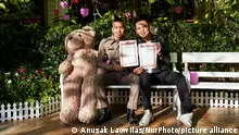 14.02.2023
An LGBTQ couple poses with customed marriage certificates during a symbolic marriage registration event despite Thailand not recognising same-sex marriages in Bangkok, Thailand, 14 February 2023 (Photo by Anusak Laowilas/NurPhoto)