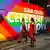 An LGBTQ+ couple walks past a large Pride flag in Bangkog