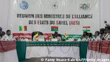 15.02.2024
Burkina Faso Minister of Defense and Veterans Affairs Colonel Major Kassoum Coulibaly (C) smile the meeting of the Ministers of the Alliance of Sahel States (AES), in Ouagadougou, on February 15, 2024 while sitting with Colonel Abdoulaye Maiga, Minister of State, Minister of Territorial Administration and Decentralization, Government Spokesman of Mali (2nd L) and General Salifou Mody, Minister of State, Minister of National Defense of Niger. (Photo by FANNY NOARO-KABRÉ / AFP) (Photo by FANNY NOARO-KABRE/AFP via Getty Images)