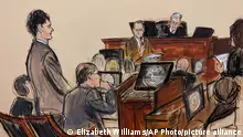In this courtroom sketch, Sam Bankman-Fried, far left, stands as the jury foreperson, standing far right, reads the verdict with Judge Lewis Kaplan presiding on the bench in Manhattan federal court, Thursday, Nov. 2, 2023, in New York. A New York jury has convicted FTX founder Sam Bankman-Fried of fraud charges. The 31-year-old California man was convicted Thursday in Manhattan federal court by jurors who rejected his testimony that he didn't defraud customers.(Elizabeth Williams via AP)