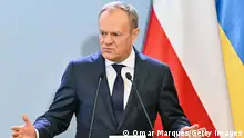WARSAW, POLAND - MARCH 28: Poland's Prime Minister, Donald Tusk delivers a press statement together with Ukraine’s Prime Minister, Denys Shmyhal, (not pictured) after bilateral meetings at the Chancellery of Prime Minister on March 28, 2024 in Warsaw, Poland. High up on the meeting's agenda is the Polish farmers' protest and border blockade due to Ukrainian agricultural products. (Photo by Omar Marques/Getty Images)