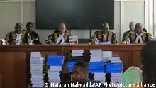 18/12/2023**A view of the panel of five judges led by the country's deputy chief justice, Richard Buteera during the hearing of consolidated petitions challenging the contentious and controversial anti-homosexuality law, at the Constitutional Court, in Kampala, Monday Dec. 18, 2023. A Ugandan court is set Monday to start hearing a challenge to anti-LGBTQ legislation that rights groups and others have condemned as harsh, urging its scrapping. Ugandan President Yoweri Museveni signed the legislation into law in May, after lawmakers passed the bill with little opposition. (AP Photo/Hajarah Nalwadda)