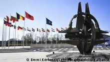 A sculpture and flags outside the NATO headquarters in Brussels, Belgium on April 4, 2023. Finland became the 31st member state of The North Atlantic Treaty Organization NATO the same day. LEHTIKUVA / EMMI KORHONEN - FINLAND OUT. NO THIRD PARTY SALES.