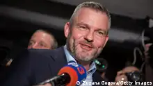 BRATISLAVA, SLOVAKIA - APRIL 6: Peter Pellegrini, candidate for Slovak president, speaks to the media during election night on April 6, 2024 in Bratislava, Slovakia. Slovakians go to the polls this weekend in the second round of voting for their new president. The contest is between pro-European diplomat Ivan Korcok, who came top in the first round with 42.5% of the vote, and social democrat Peter Pellegrini, the current speaker of parliament. (Photo by Zuzana Gogova/Getty Images)