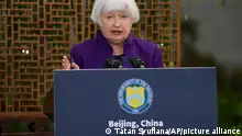 U.S. Treasury Secretary Janet Yellen speaks during a press conference in Beijing, China, Monday, April 8, 2024. (AP Photo/Tatan Syuflana)