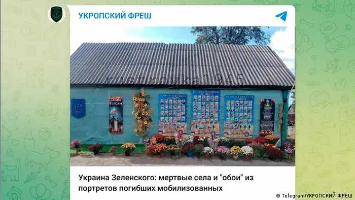 A screenshot showing the wall of a house covered with photographs of soldiers killed in Russia's war on Ukraine