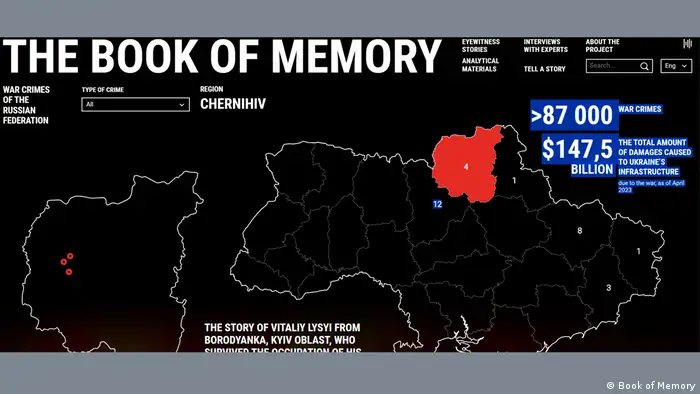 Screenshot from the Book of Memory website showing a map of Urkaine with the number of war crimes that occured in each region.