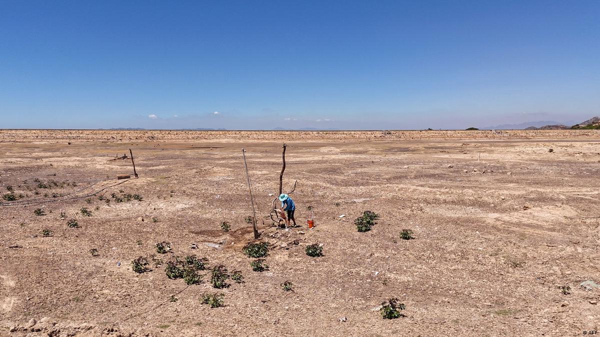 A resident pumping underground water from a dried reservoir amid a severe drought in Vietnam's Ninh Thuan province on April 6, 2024