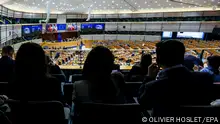 10/04/2024 epa11270040 General view of the hemicycle during a debate on Migration and Asylum package at EU Parliament plenary session in Brussels, Belgium, 10 April 2024. Migration and Asylum pack will be the main topics of the session. The EU wants to reform its immigration rules but MEPs may reject the pact at the session. EPA/OLIVIER HOSLET