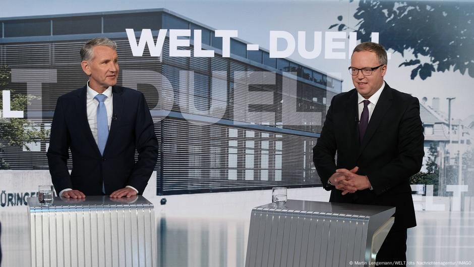 Bjern Heke (AfD) i Mario Fojgt (CDU) u TV-studiju „Velta“